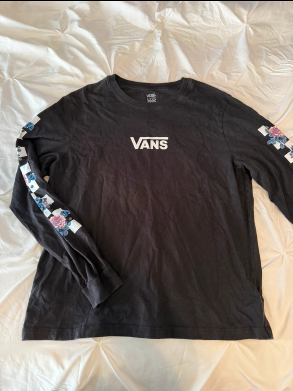 Vans Black Long-Sleeve Logo Tee with Floral Sleeve Detail